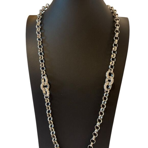 Coldwater Creek Extra Long Silver Toned Chain w/Pave Crystal Accent Rings. - Picture 1 of 5